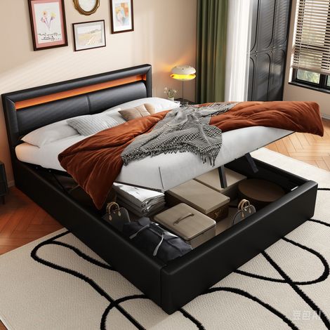 Lit adulte rangement coffre 140x190 LED PU noir HAVRYA (1/5)