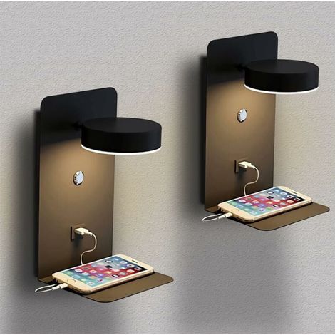 2 Pack Applique Murale Intérieur LED avec port USB 12W Tricolore Dimmable Lampe Murale moderne avec interrupteur Lampe De Lecture murale Rotatif 330° lampe de chevet éclairage Veilleuse,Noir (1/5)