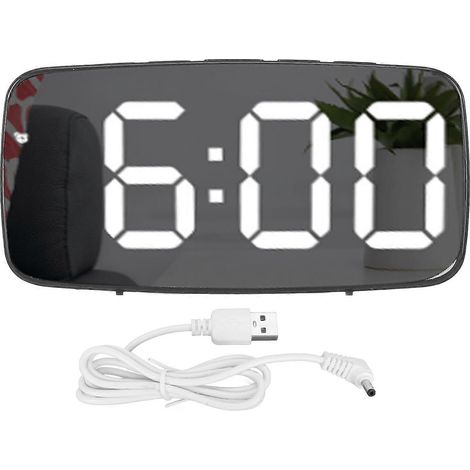 Réveil numérique, grand écran LED miroir, alimenté par piles, rechargeable par USB, horloge électronique double usage pour chambres et dortoirs. (1/5)