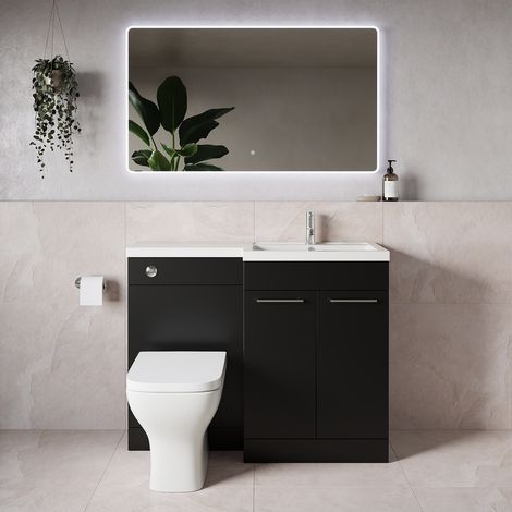 Napoli 390 Matt Black 1100mm 2 Door Vanity Unit Toilet Suite with Square Right Hand Lucia Basin - 1100mm - Chrome 160mm HandleWith Kingston Toilet Pan and Seat