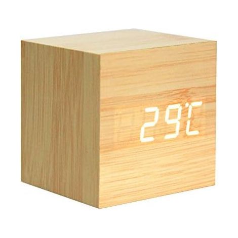 Wooden Alarm Clock - Mini Digital Clock with Temperature Time Display, 3-Level Brightness and Voice Control Ideal for Home Travel - AC10YellowWhite (1/5)