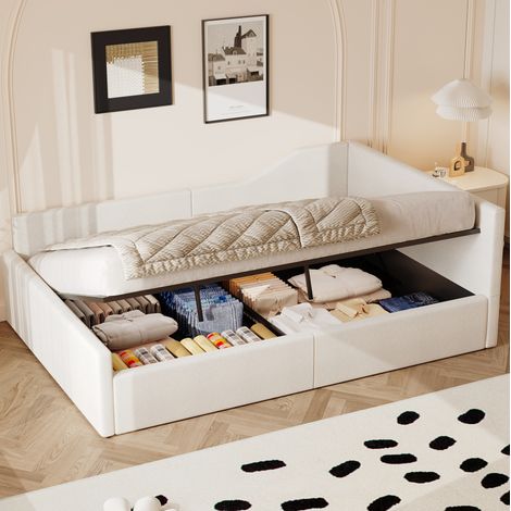 Letto da giorno 210.5x148.5x77 cm, con contenitore sotto il letto, rete a doghe, beige (1/5)