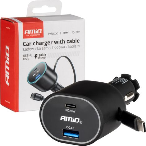 Caricabatterie rapido per auto con cavo retrattile 50W PD30W PD20W + QC3.0 USB-A USB-C amio-04176 (1/5)