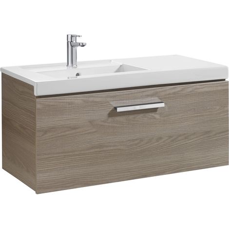 Unik mueble con un cajón + lavabo PRISMA - ROCA Color: Fresno - Medidas: 900x460x450 mm - Posición del lavabo: Izquierda (1/2)