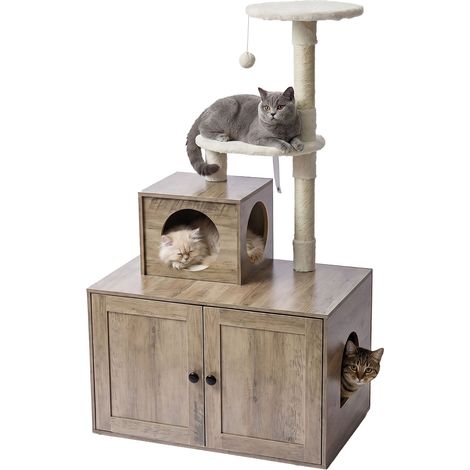 Relaxdays Kratzbaum mit Katzenkloschrank, HBT: 133x78x49 cm, Sisalstämme & Liegemulde, Holzoptik, Katzenturm, hellbraun (1/5)