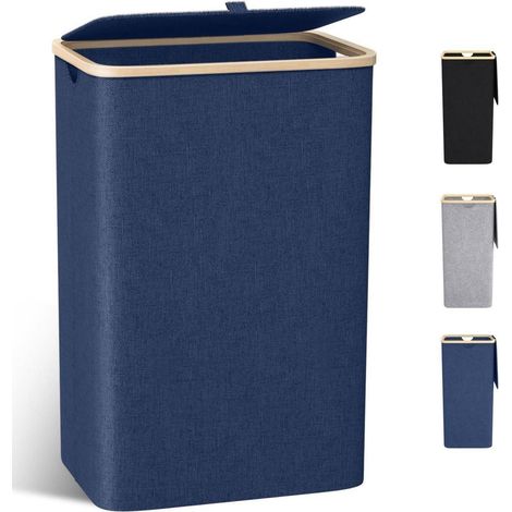 Schmaler Wäschekorb 100L mit Bambusdeckel & herausnehmbarem Wäschesack (1/5)
