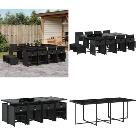 13-tlg. Garten-Essgruppe mit Kissen Schwarz Poly Rattan - Gartenmöbel Set - Gartentisch - Gartenstühle - Gartenhocker - Rattan Möbel - Home & Living