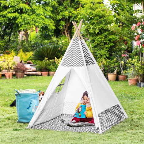 Tenda per bambini HOMCOM, adatta a bambini dai 3 anni in su, teepee portatile in legno con finestra, materassino e borsa per il trasporto, per uso interno ed esterno, 120x120x155 cm, grigia.