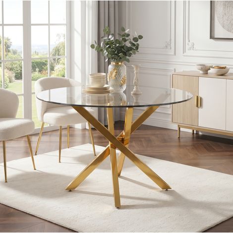 Tavolo da pranzo rotondo 80 x 80 x 75 cm in vetro temperato, gambe dorate DESVIAE (1/5)