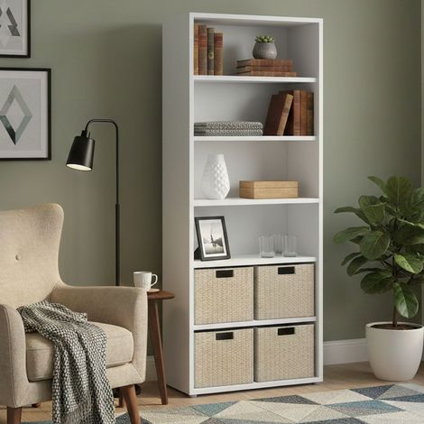 Librería Dmora con cinco estantes, color blanco, 89,2 x 221,7 x 40,1 cm, con embalaje reforzado (1/5)