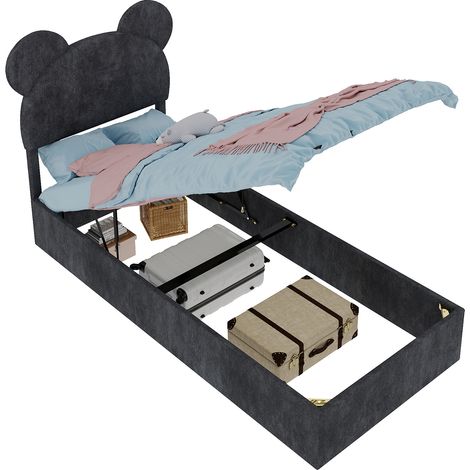 Lit moderne minimaliste rembourré 90×200cm gris,tête de lit cartoon douce,base haut avec levage gaz,rangement,lit enfant sans matelas (1/5)