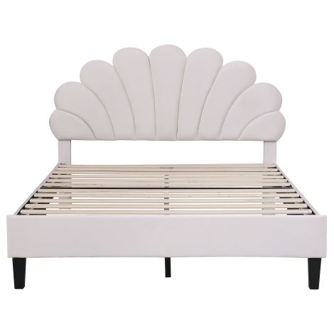 Lit capitonné 140×200 cm, velours beige, sommier, tête fleur