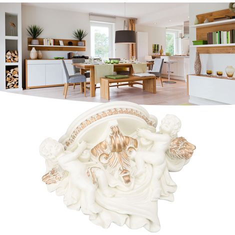 Étagère murale décorative en résine, style européen, représentant un ange. Idéale pour décorer un mur TV, cette étagère artisanale est un panneau de rangement blanc cassé avec des finitions dorées. (1/5)