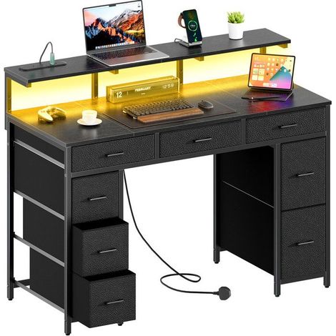 EcoFurnix, Desk with 8 Fabric Drawers, 120 × 50 cm LED Gaming Desk with Outlets & USB Ports, Gamer Desk, Black (1/5)