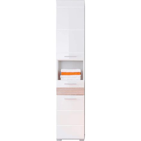 MezzoBad Armoire de toilette haute avec 2 portes, 1 tiroir, 1 compartiment ouvert, blanc, blanc brillant, imitation chêne. (1/5)