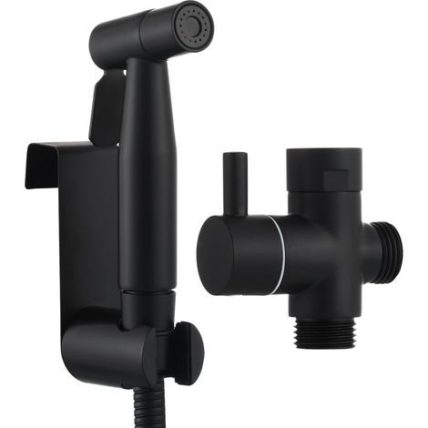 Kit de rociador de bidé para inodoro de acero inoxidable, rociador de bidé de mano negro con manguera y soporte (1/5)