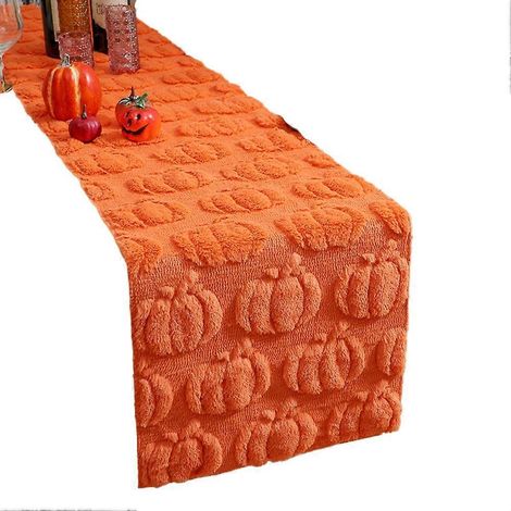 Chemin de table citrouille d'Halloween 33 x 183 cm, chemin de table doux en fausse fourrure 3D orange pour la décoration automnale de Thanksgiving (1/5)