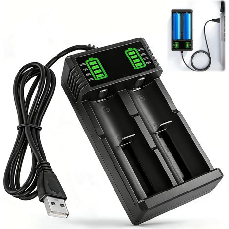 Chargeur Accu 18650, 18650 Chargeur de Batterie 3,7V 2 Slots Chargeur Accu écran LCD Charge Rapide Piles Rechargeable pour Batteries Li-ION 18490 18350 17670 17500 16340 14500 18500 26650 (1/5)