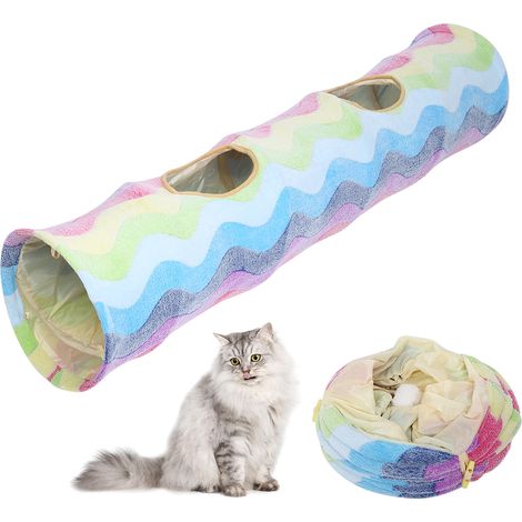 Tunnel pour Chat Pliable Arc-en-Ciel Tissu Résistant aux Griffes avec Balles en Peluche Jouet Interactif 117cm (1/5)