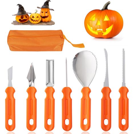 7 Pieces Halloween Pumpkin Carving Kit, Halloween Pumpkin Carving Kit, Stainless Steel, with Packing Bag, Orange Color, for DIY Decoration (1/5)