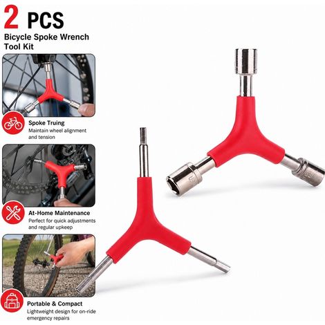 Kit d'outils pour rayons de vélo, jeu de 2 outils de réglage des rayons de vélo portables de poche à poignée en Y 3 voies, pour urgences en cours de trajet et entretien de vélo à domicile. (1/5)