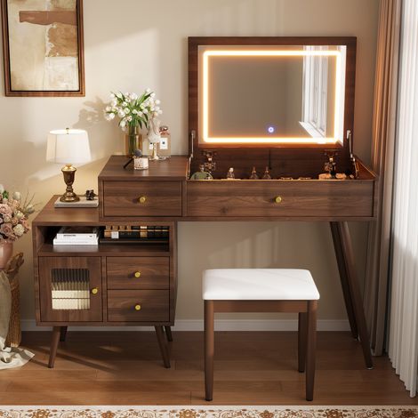 Coiffeuse avec tabouret, 120 cm, 2-en-1 avec miroir LED 3 couleurs, en bambou et MDF, couleur noyer (1/5)