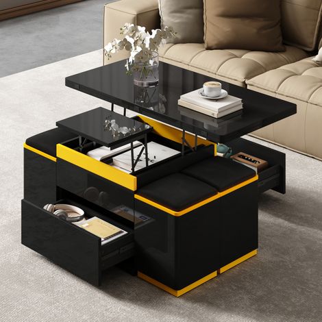 Table basse relevable et pliante avec 4 tabourets, noir et jaune, 100x50x43 cm (1/5)