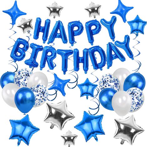 56 kits de décoration « Joyeux anniversaire » : ballons bleus et argentés + banderole « Joyeux anniversaire », articles de fête pour hommes et femmes, ballons en latex haut de gamme (ton bleu) pour la (1/5)