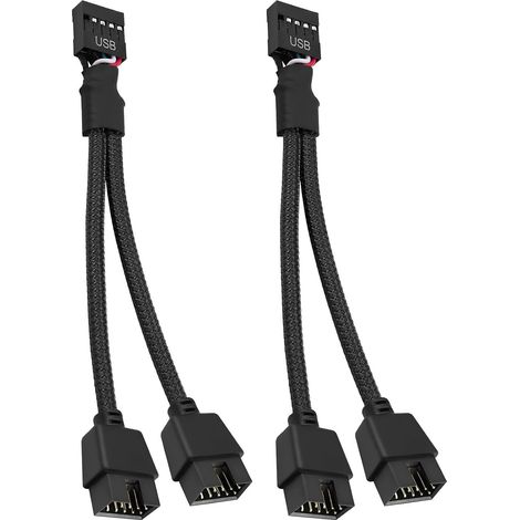 KLVGTIFS PU - Câble répartiteur USB, lot de 2 câbles d'extension USB 2.0 femelle 9 broches vers double mâle 9 broches, câble répartiteur USB 2.0 9 broches pour carte mère, gaine tressée en nylon.