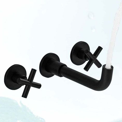 Mitigeur de lavabo Robinet de salle de bain mural noir mat mitigeur de lavabo en laiton à double poignée avec valve brute incluse (1/5)