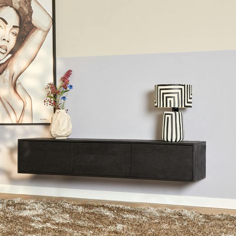 Meuble TV suspendu bois noir 3 portes JUNO