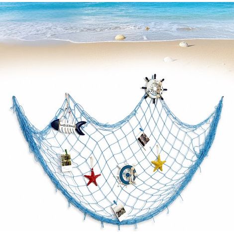 Filet de Pêche Décoratif - 2x2 Mètres - Thème Plage - pour Fêtes, Salon et Chambre à Coucher - Fait à la Main - Bleu Marine - Seul le Filet est Fourni (1/5)