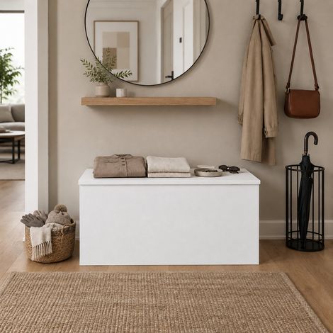 The White Stone Coffre banc blanc grand rangement avec couvercle soft close - meuble coffre entrée moderne - 90x45x45 cm (1/5)