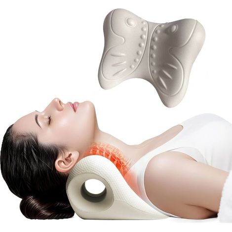 Coussin de Traction Cervicale, Relaxeur Cou et Épaules pour Maison, Voyage et Bureau,Beige (1/5)