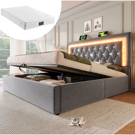 Cama canapé 160x200 de terciopelo gris con colchón, LED, USB y USB-C HAVRYA (1/5)