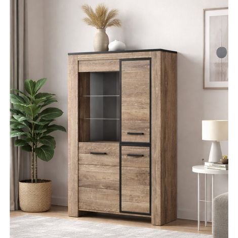 Argentier moderne en bois avec porte vitrée LED OLIVE (1/5)
