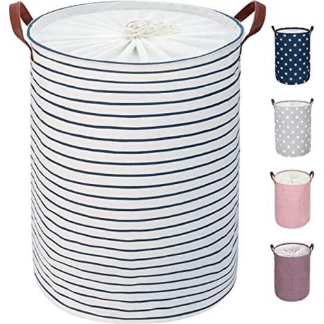 Panier à linge pliable avec couvercle, rayures bleues, grand format avec poignée en cuir (1/5)