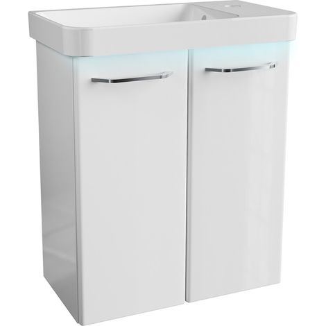FACKELMANN MILANO Badmöbel Set 3 Teile / Waschbecken / Waschbeckenunterschrank mit 2 Türen / LED-Beleuchtung / Badschrank mit Soft-Close / Gäste WC Set / Korpus & Front: Weiß / Breite: 55 cm"-"0632914 (1/5)