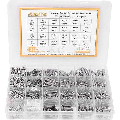 Kit de 1220 vis écrous et rondelles en acier inoxydable 304, tête ronde cruciforme, assortiment M2 M3 M4 M5. (1/5)