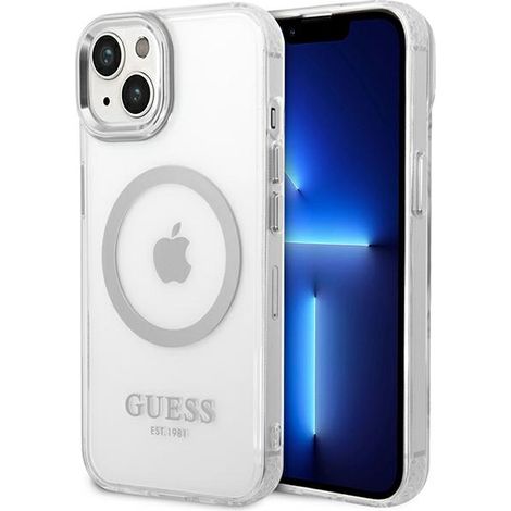 Funda rígida Guess GUHMP14SHTRMS para iPhone 14/15/13 de 6,1 pulgadas, color plata/plata, con diseño metálico y MagSafe. (1/5)