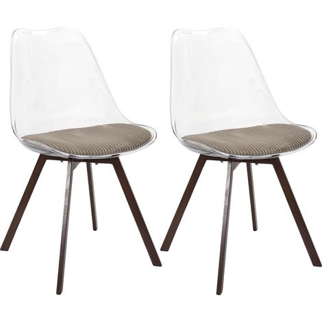 Lot de 2 chaises coque transparente coussin assise en velours côtelé taupe - MOARY (1/5)
