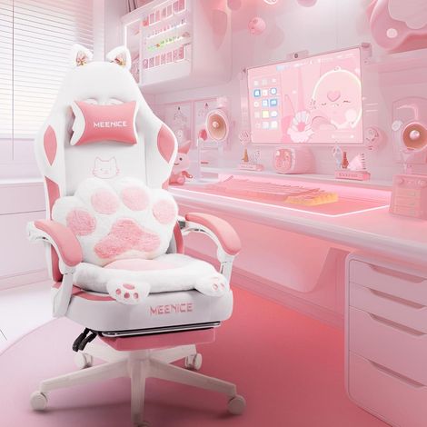 Gaming Stuhl Pink Katze Katzenohren Lendenkissen 200kg Rosa Weiß (1/5)