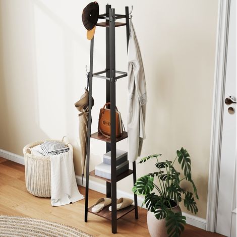 Garderobenständer 34.8x34.8x179 cm braun in Holz und Metall mit 8 Haken und 4 Ablagen (1/5)