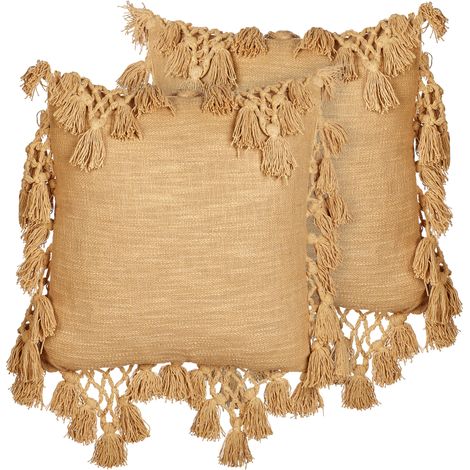 Conjunto de 2 cojines de algodón 45 x 45 cm con borlas beige arena Olearia