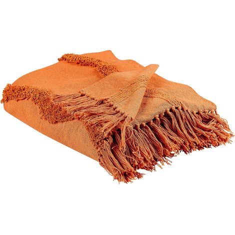 Coperta in cotone arancione con frange e motivo geometrico 125 x 150 cm Khari