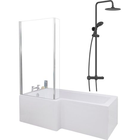 1700mm Bathroom L Shaped Bath Mixer Shower Screen LH White with Front Panel (1/5)