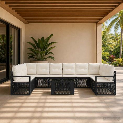 vidaXL Set Divano da Giardino 11 pz Nero e Bianco Crema polyrattan (1/5)