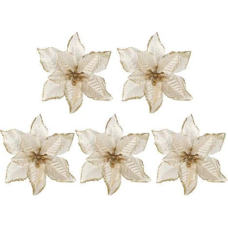 pièces de fleurs de Noël scintillantes en tissu, décoration florale artificielle pour sapin de Noël (dorées)-22cm-Golden