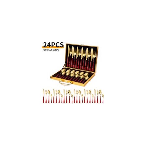 Service de 24 couverts en acier inoxydable – pour 6 personnes – avec coffret – acier inoxydable – rouge/or (1/5)