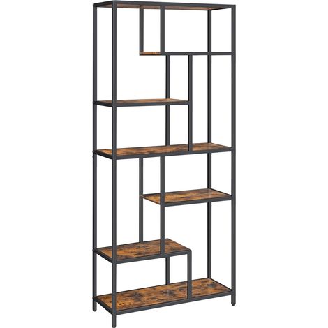 Bücherregal, 6-stufiges Bücherregal, geometrisches Ausstellungsregal, stehendes Lagerregal, 30 x 80 x 180 cm, für Arbeitszimmer, Büro, Wohnzimmer, Schlafzimmer, Küche, rustikales Braun und Schwarz LLS (1/5)